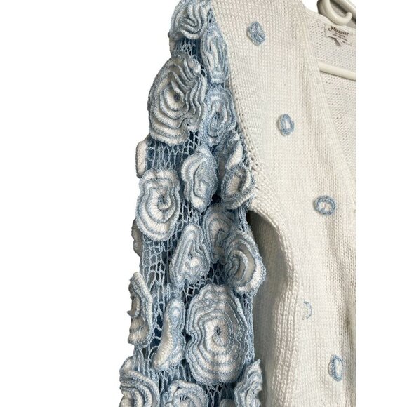 VTG Cardigan Sweater Large Blue White 3D Flowers Cottagecore Lolita Kawaii Indie - Picture 7 of 13